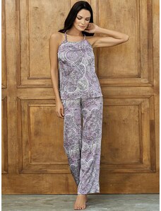 Lega atlasa pidžama ar garām biksēm "Zelda Violet - White - Beige Ornament Print"