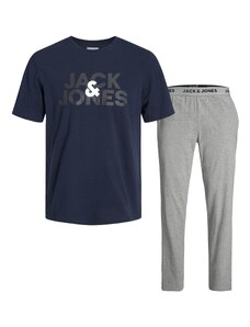JACK & JONES Garā pidžama 'ULA' tumši zils / raibi pelēks / balts