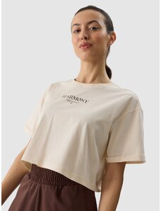 4F Sieviešu t-krekls crop top ar apdruku - krēmkrāsas