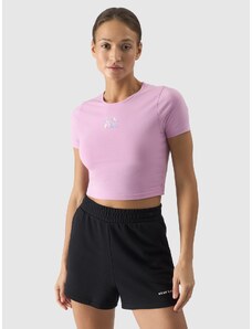 4F Sieviešu t-krekls crop top ar apdruku - pūdersārts