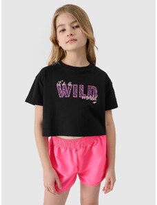 4F Meiteņu t-krekls crop-top ar apdruku - melns