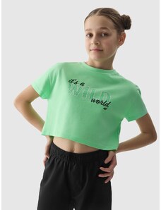 4F Meiteņu t-krekls crop-top ar apdruku - zaļš