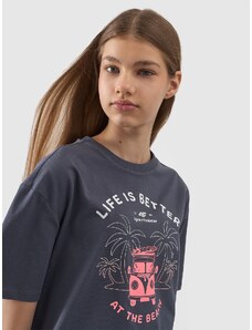 4F Meiteņu t-krekls oversize ar apdruku - pelēks