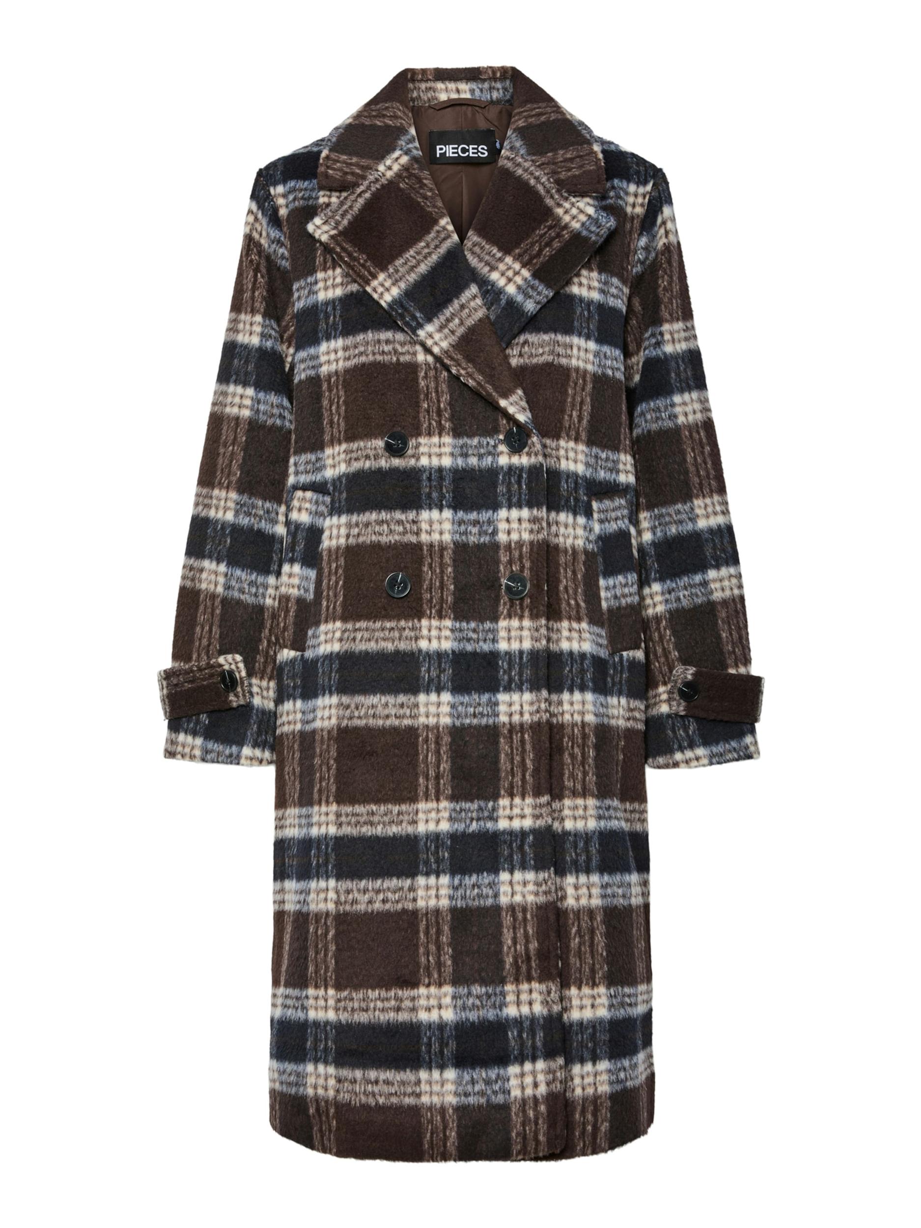 PIECES Starpsezonu mētelis 'PCMARBLE' krēmkrāsas / naktszils / tumši brūns